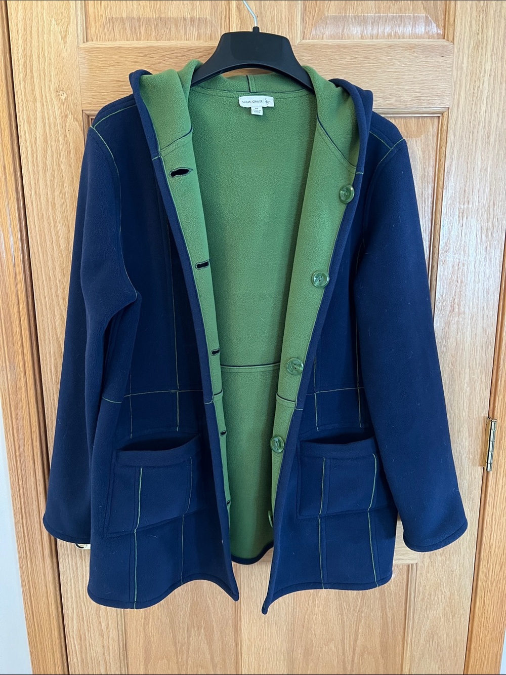 Susan Graver Navy Exterior with Green Reversible Hooded Coat